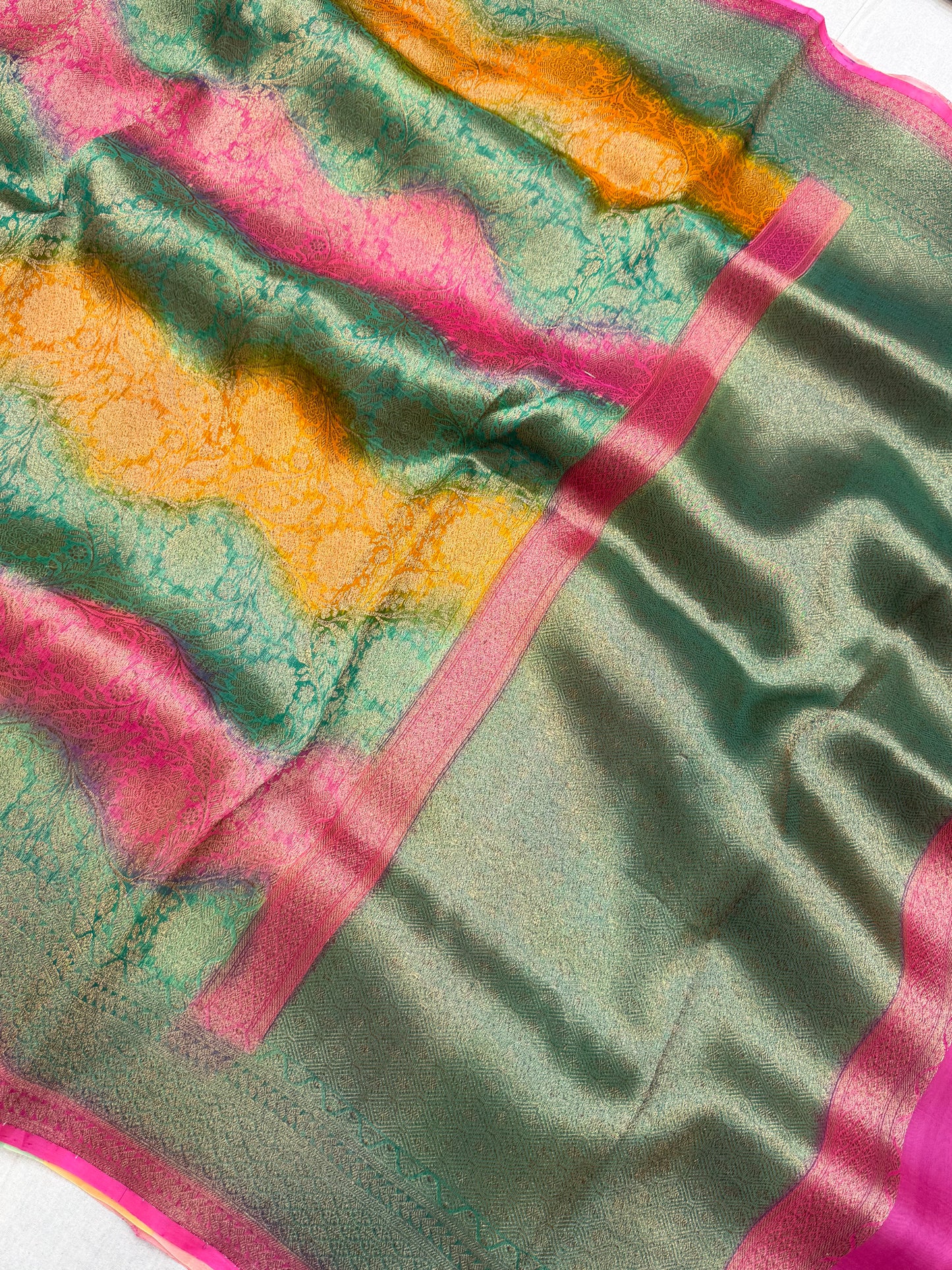 Multi Color Pure Kora Silk Handloom Banarasi Saree - All Over Brocade Jaal Work
