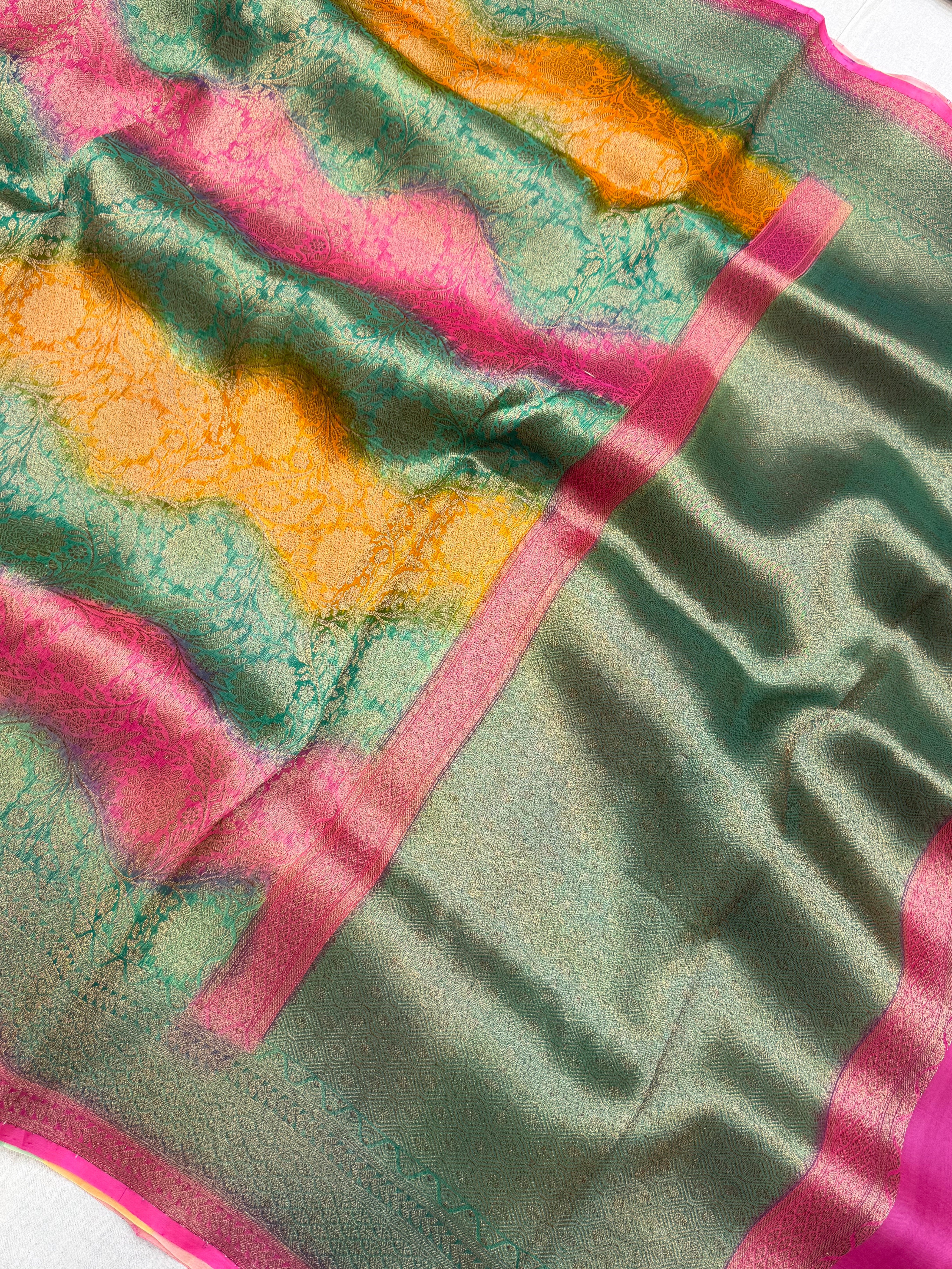 Multi Color Pure Kora Silk Handloom Banarasi Saree - All Over Brocade Jaal Work