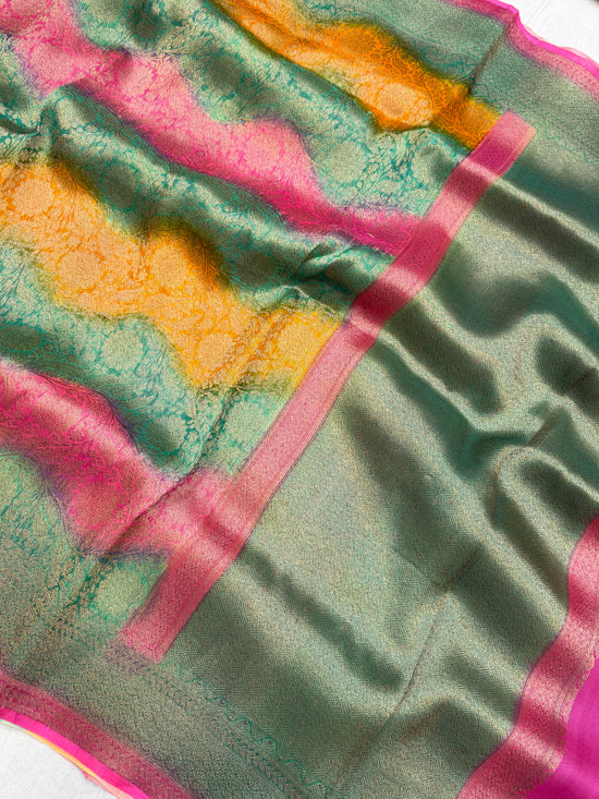 Multi Color Pure Kora Silk Handloom Banarasi Saree - All Over Brocade Jaal Work