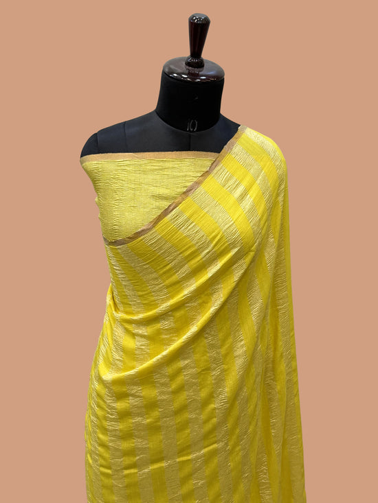 Yellow Color Chiniya Tissue  Silk Banarasi Saree with Stripe Design