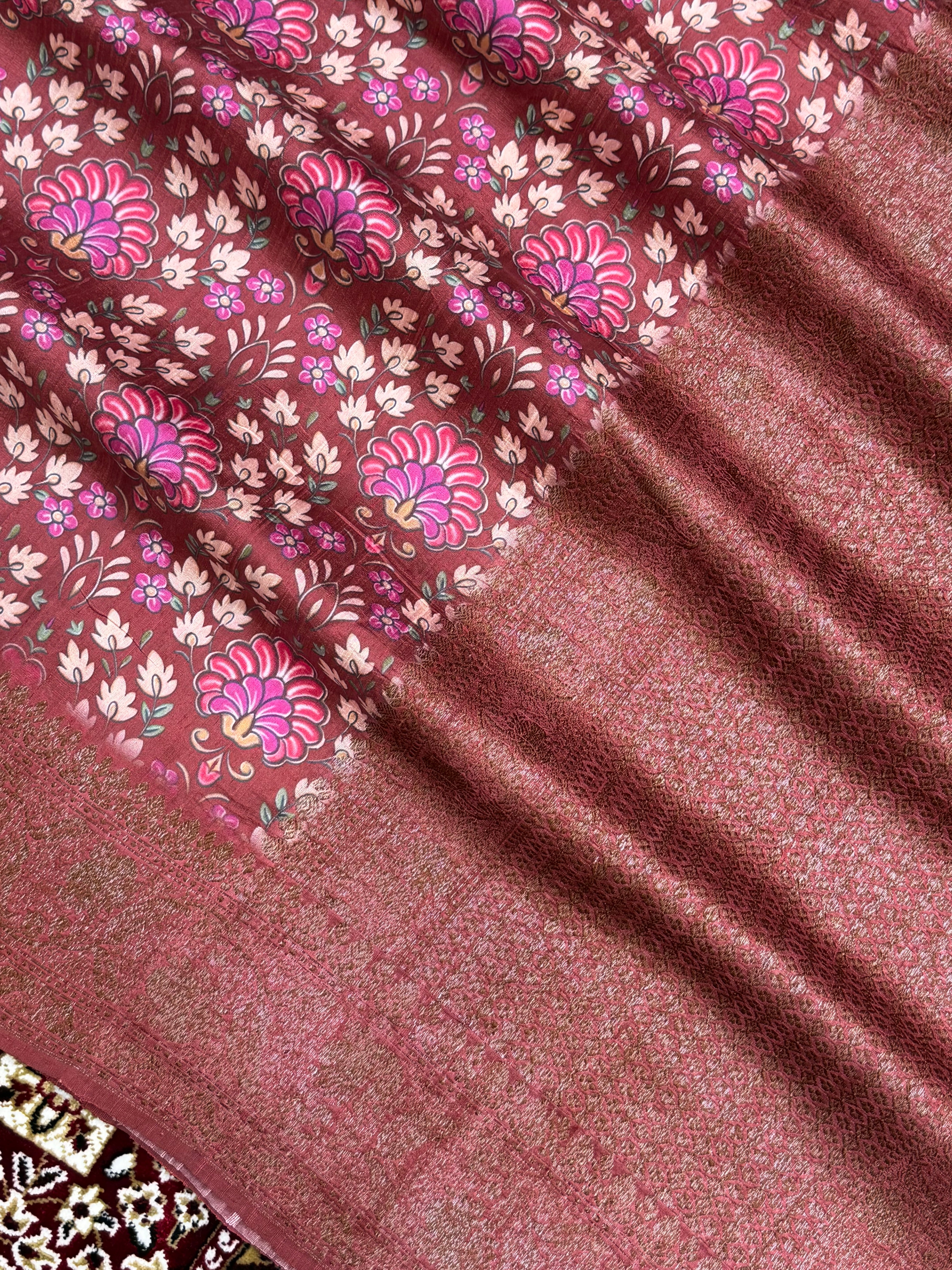 Dark Pink Pure Raw Silk Handloom Banarasi Saree with Digital Print