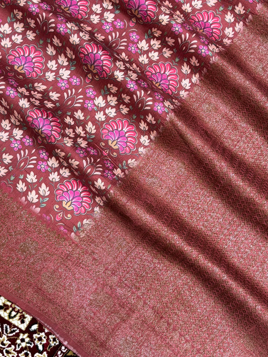 Dark Pink Pure Raw Silk Handloom Banarasi Saree with Digital Print