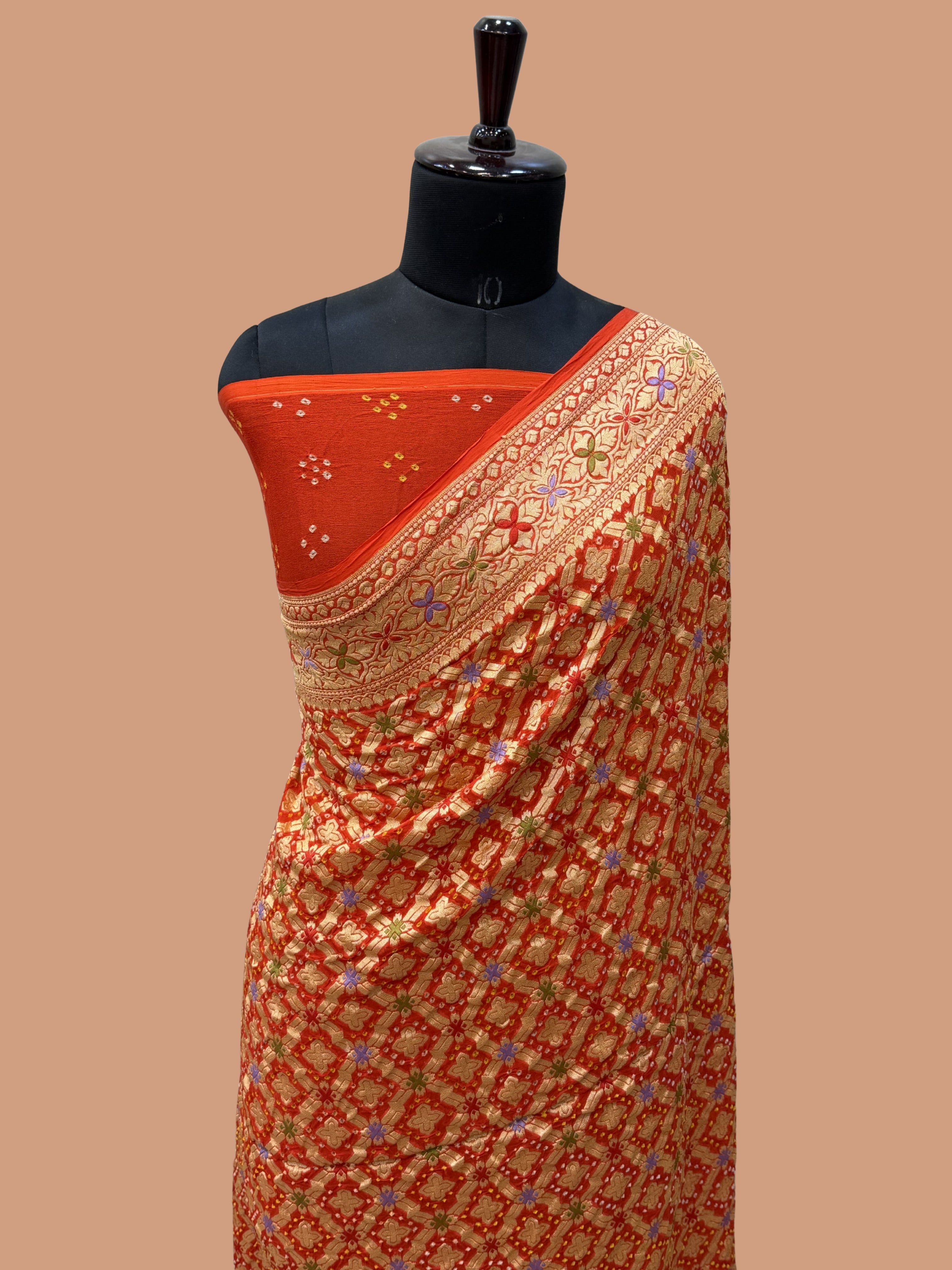Pure Georgette Banarasi Bandhej Handloom Saree - Meenakari