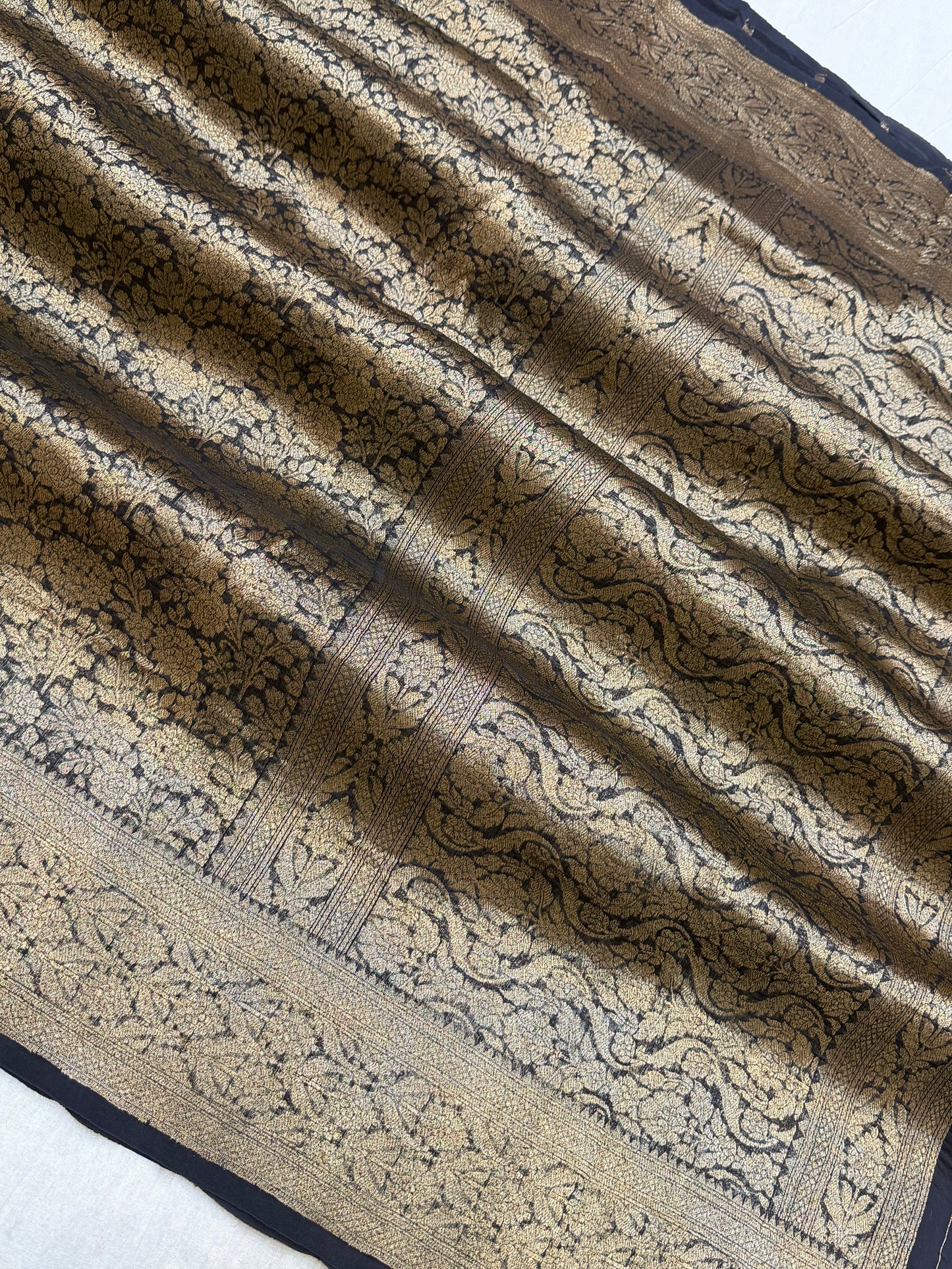 Black Color Pure Kora Silk Handloom Banarasi Saree - All Over Brocade Jaal Work