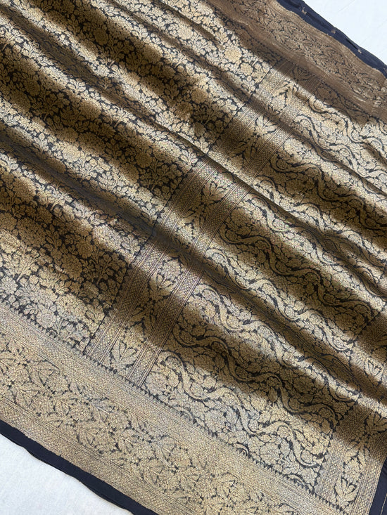Black Color Pure Kora Silk Handloom Banarasi Saree - All Over Brocade Jaal Work
