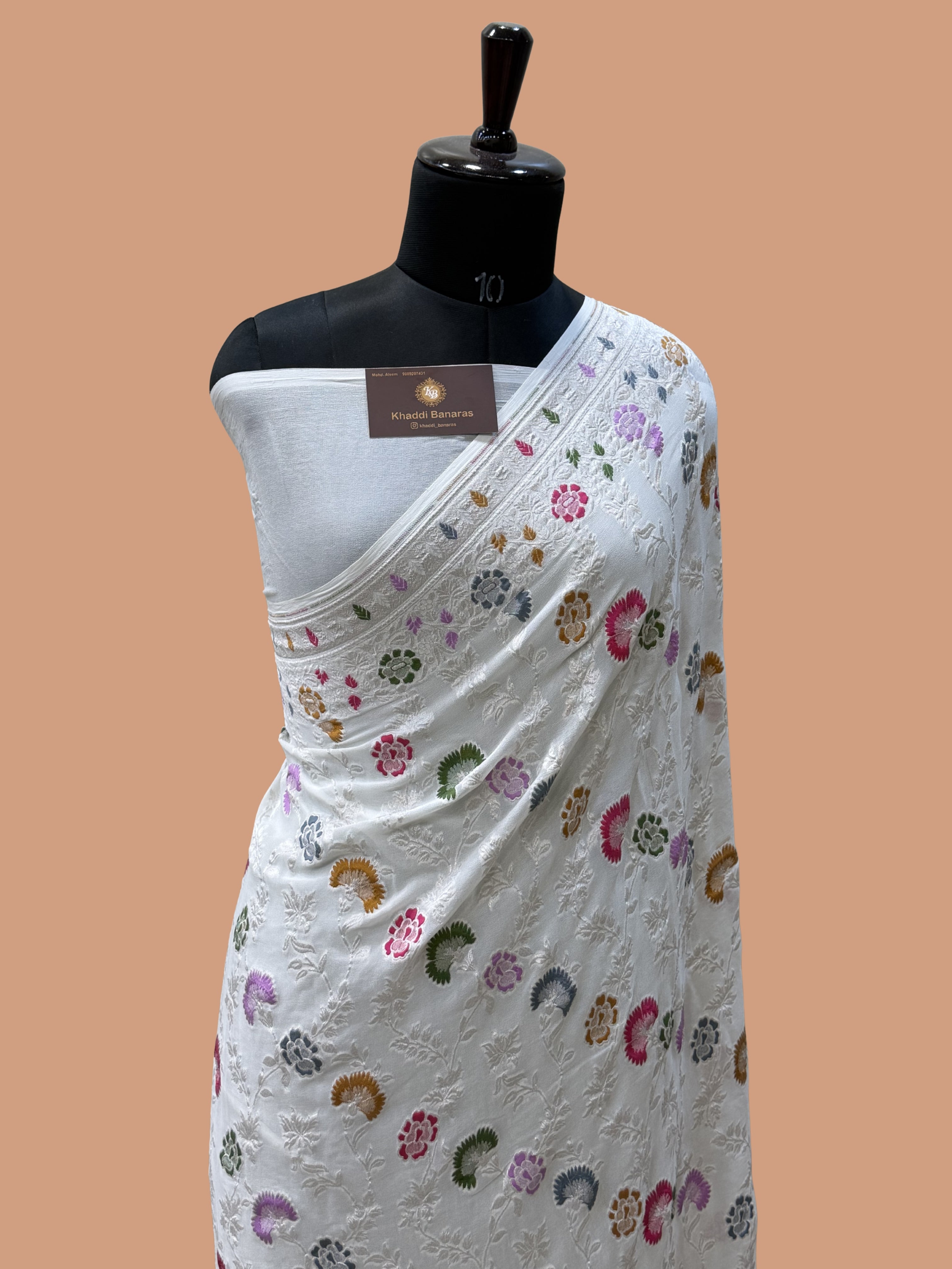 White Color Khaddi Georgette Banarasi Saree - All Over Jaal Work with Tilfi Meenakari