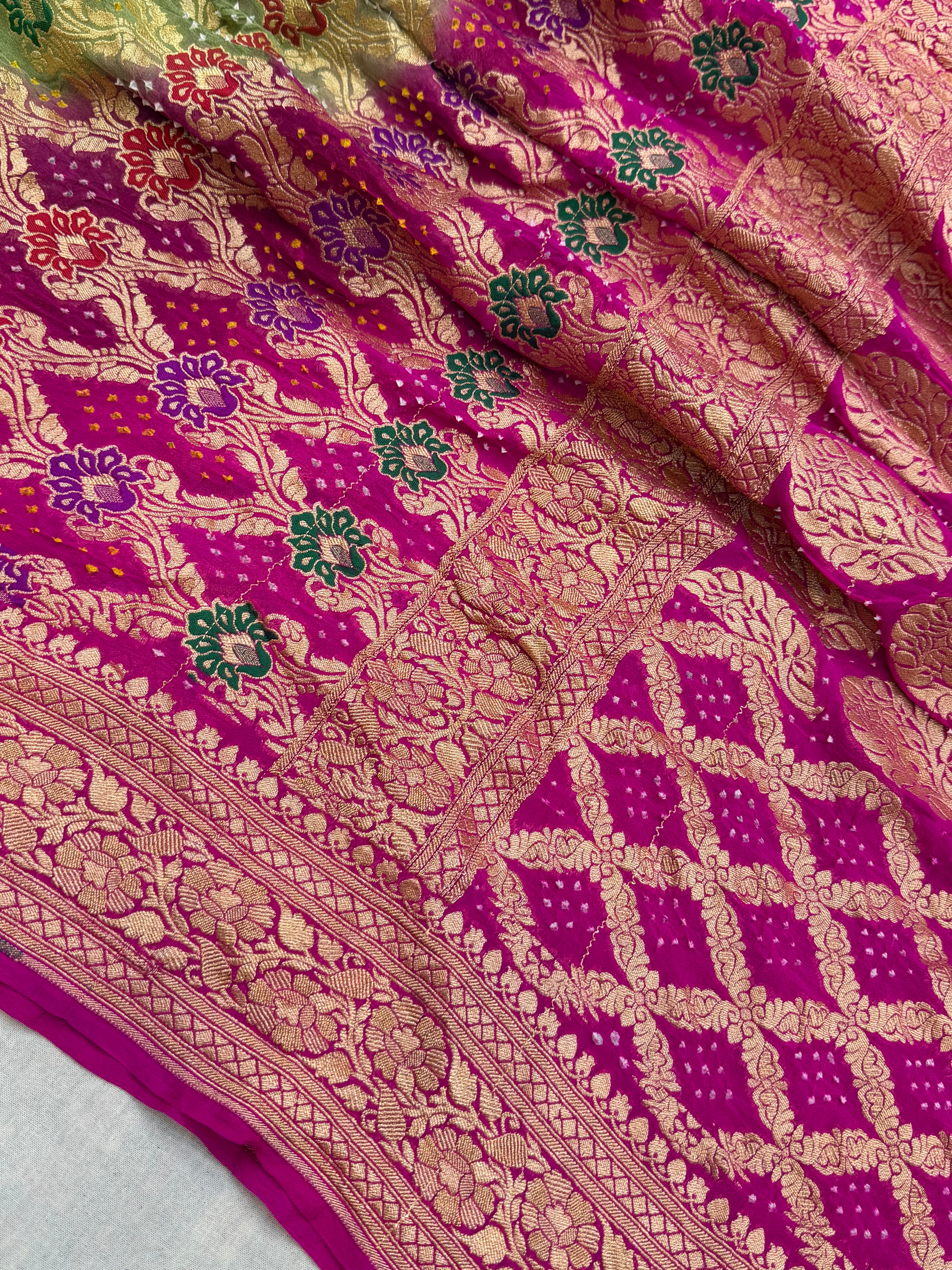 Pure Georgette Banarasi Bandhej Handloom Saree - Meenakari
