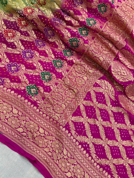 Pure Georgette Banarasi Bandhej Handloom Saree - Meenakari