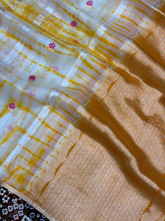 Yellow Color Pure Organza Handloom Banarasi Saree with Japanese Shibori Dye