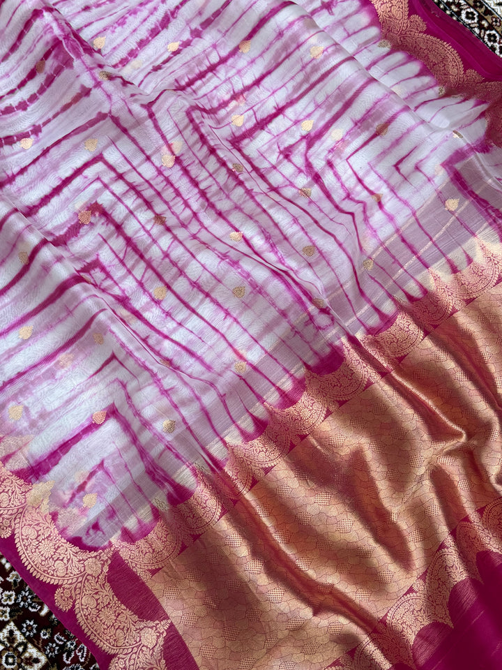Rani Pink Color Pure Organza Handloom Banarasi Saree with Japanese Shibori Dye