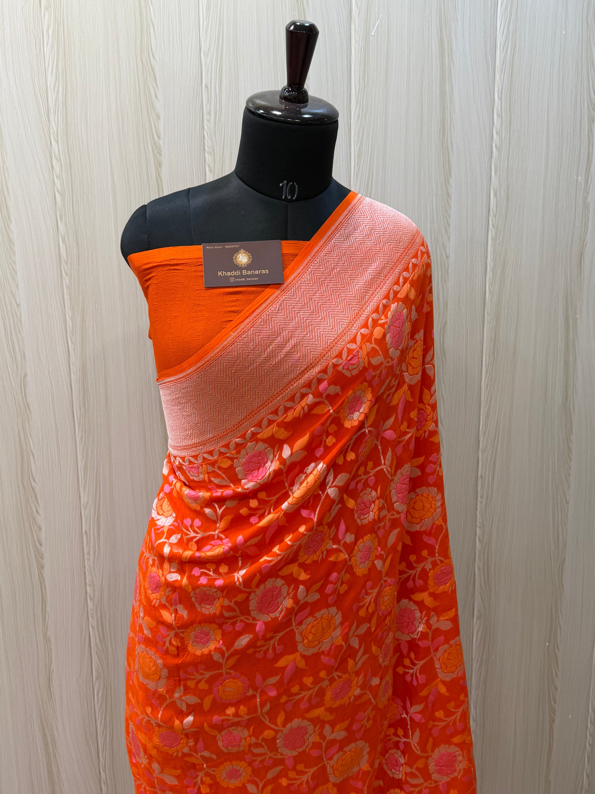 Fanta Color Khaddi Georgette Tilfi Meenakari Banarasi Saree