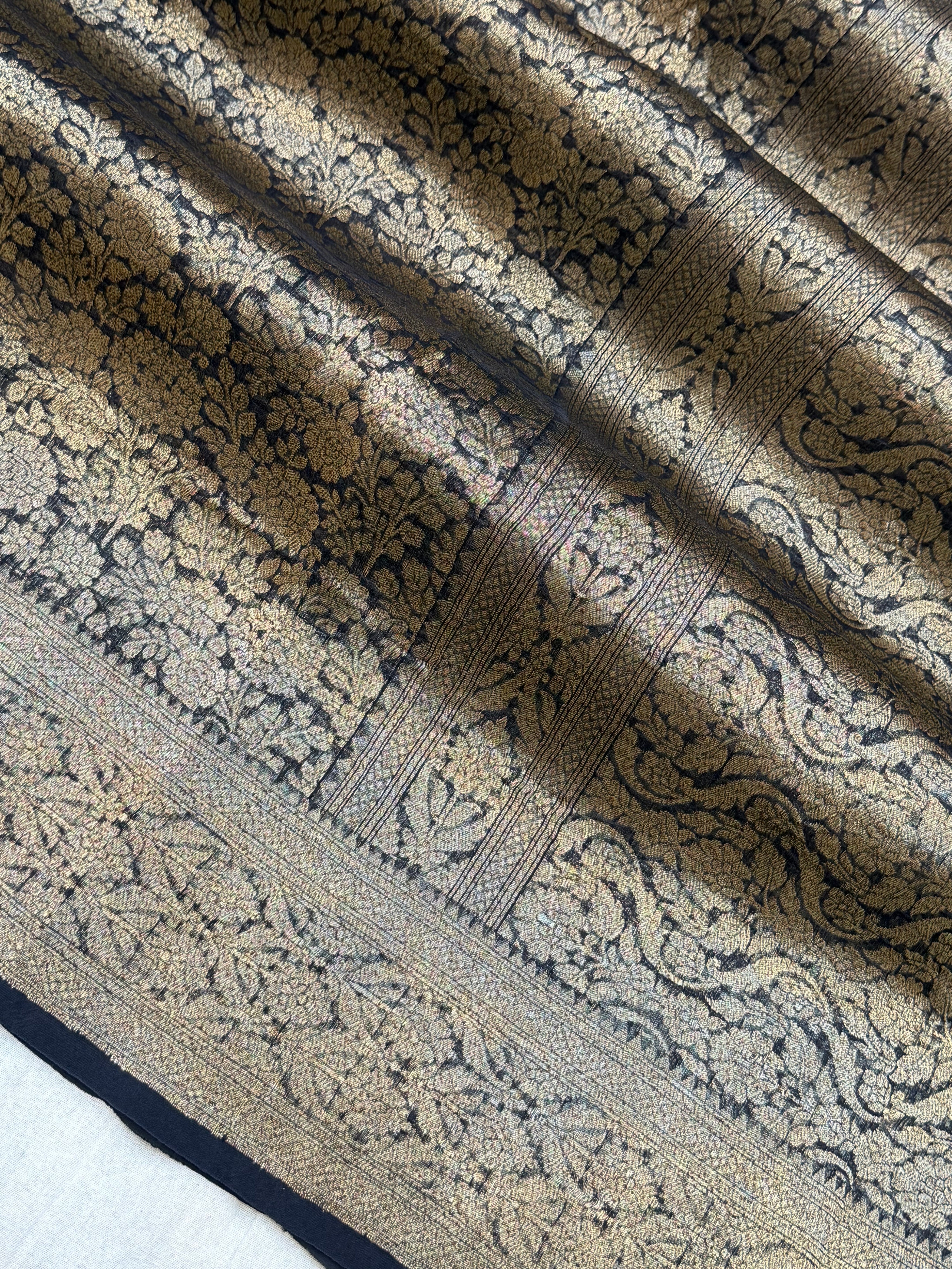 Black Color Pure Kora Silk Handloom Banarasi Saree - All Over Brocade Jaal Work