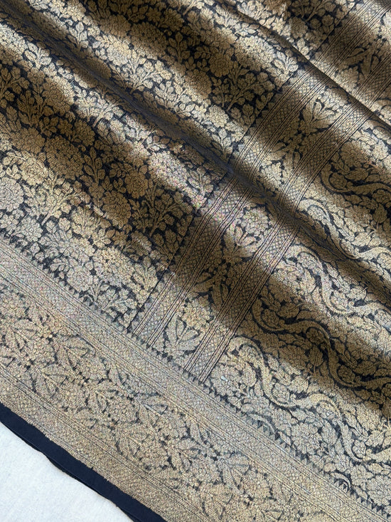 Black Color Pure Kora Silk Handloom Banarasi Saree - All Over Brocade Jaal Work
