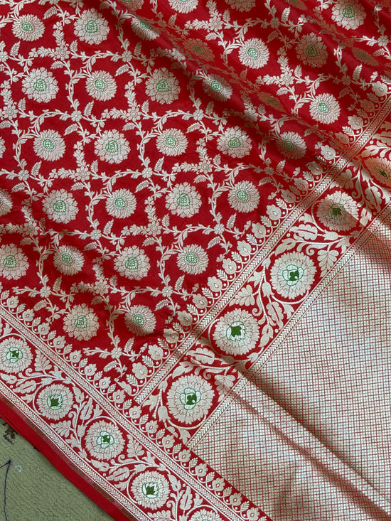 Red Color Pure Silk Handloom Banarasi Saree - All Over Jaal Work with Meenakari