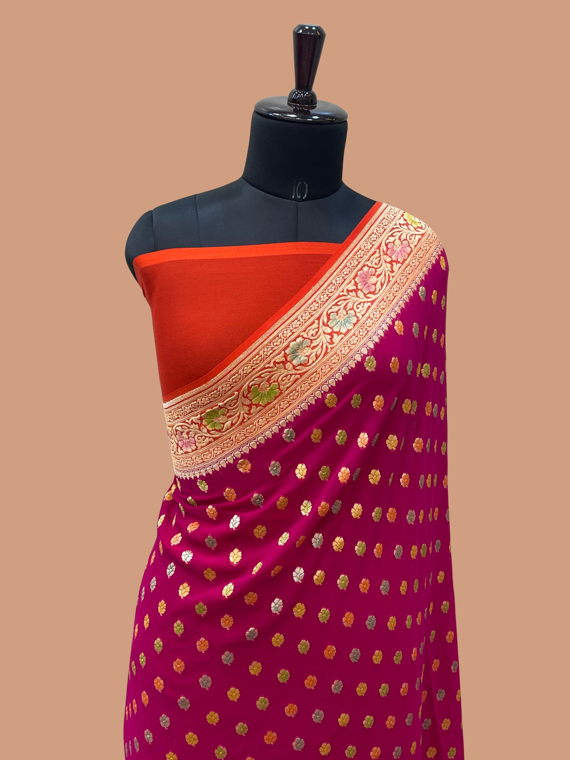 Rani Color Khaddi Georgette Banarasi saree - all Over Buti Work Meenakari