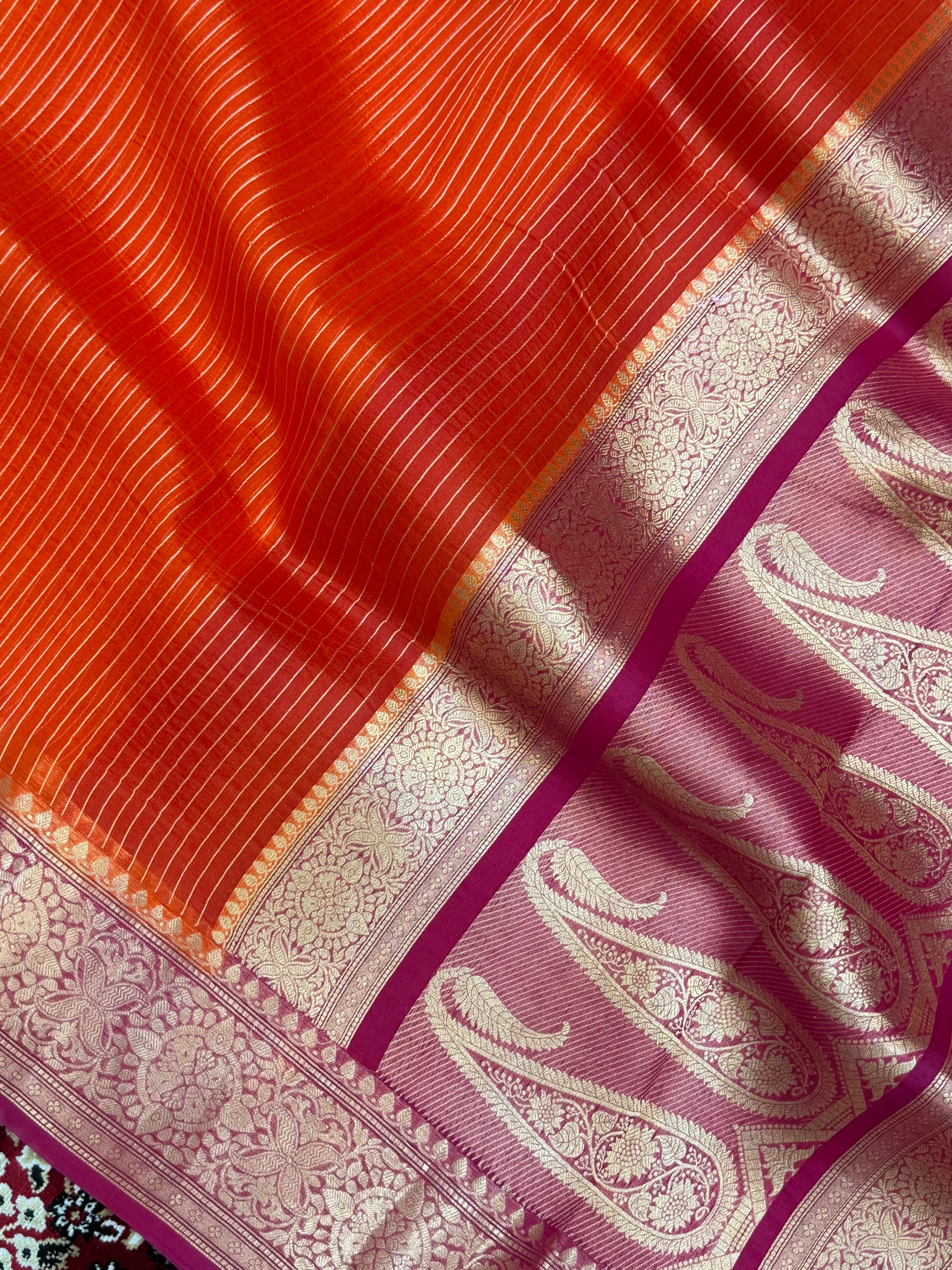 Fanta Color Pure Organza Handloom Banarasi Saree - All Over Stripe Design