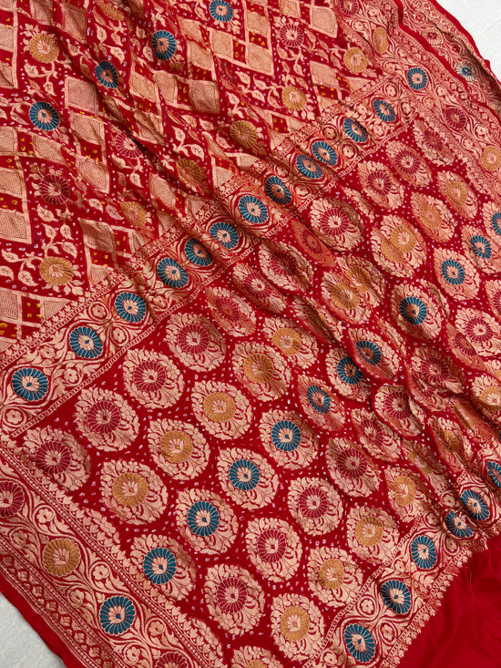 Pure Georgette Banarasi Bandhej Handloom Saree - Meenakari