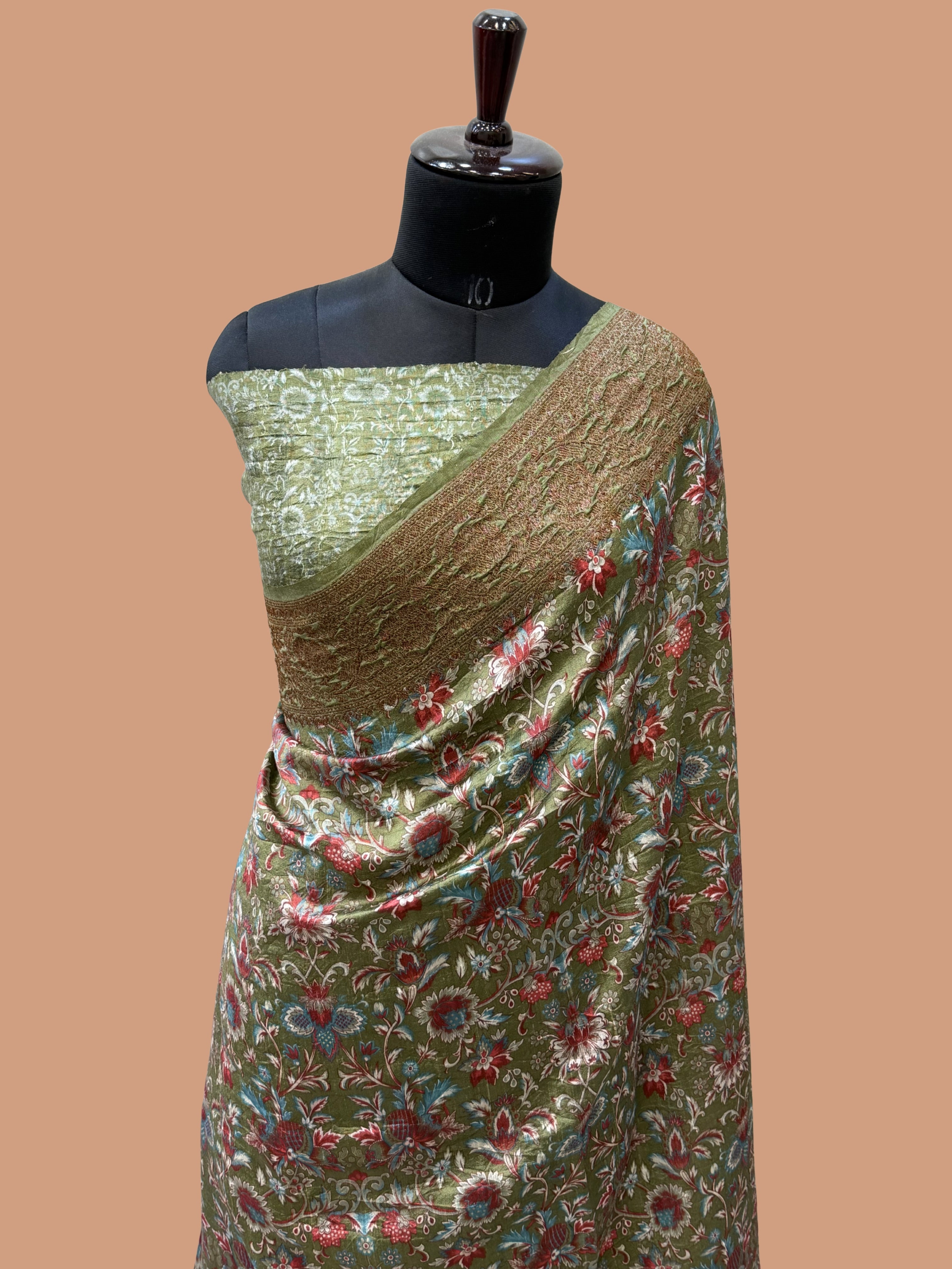 Pista Color Pure Raw Silk Handloom Banarasi Saree with Digital Print