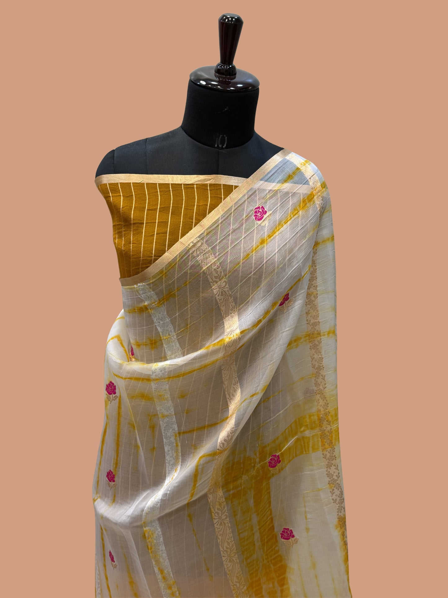 Yellow Color Pure Organza Handloom Banarasi Saree with Japanese Shibori Dye