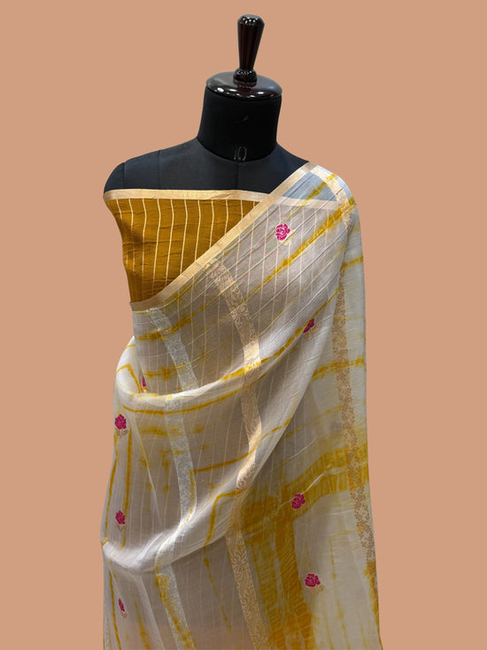 Yellow Color Pure Organza Handloom Banarasi Saree with Japanese Shibori Dye