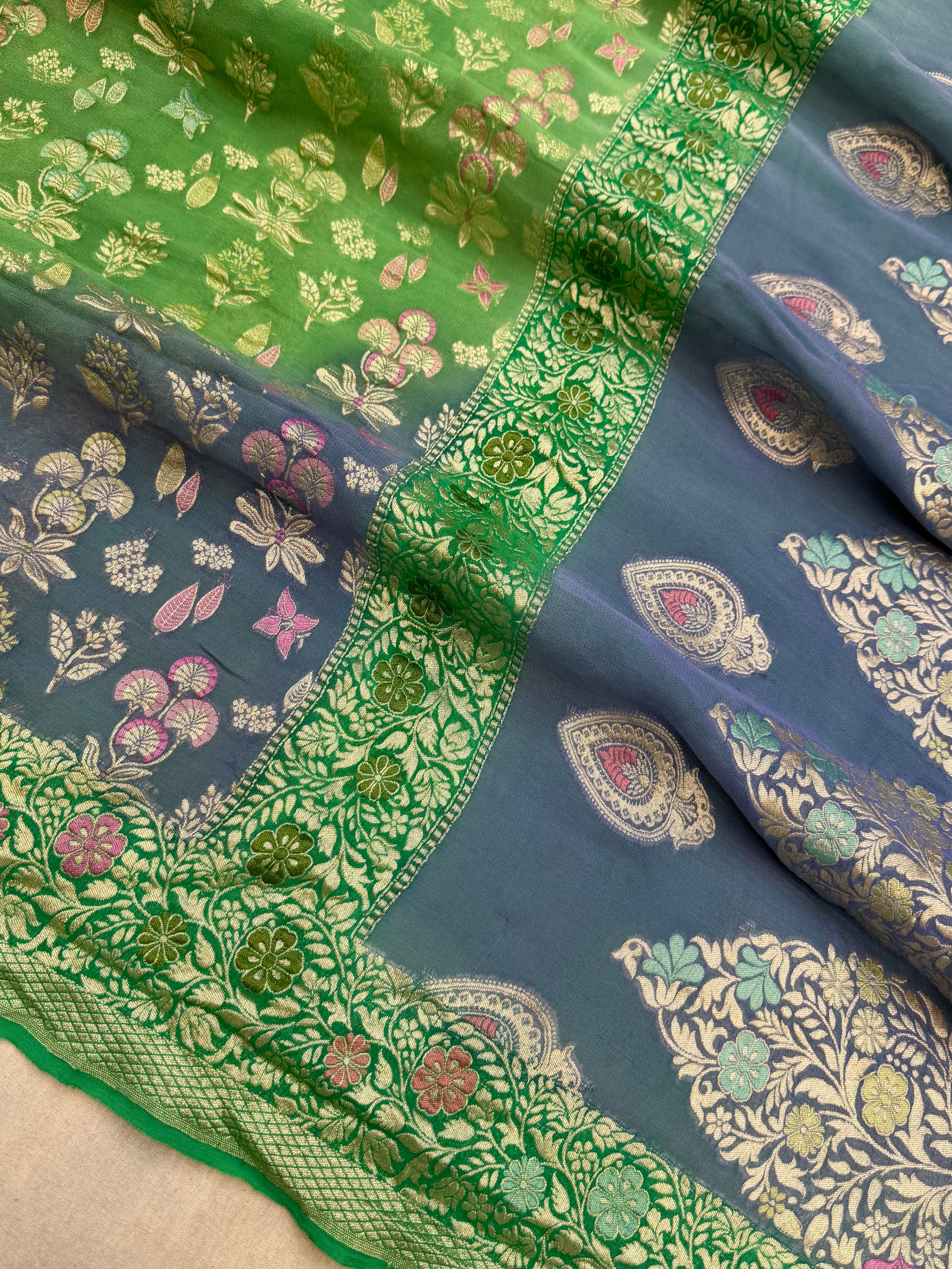 Khaddi Georgette Handloom Banarasi Saree - Gold Zari