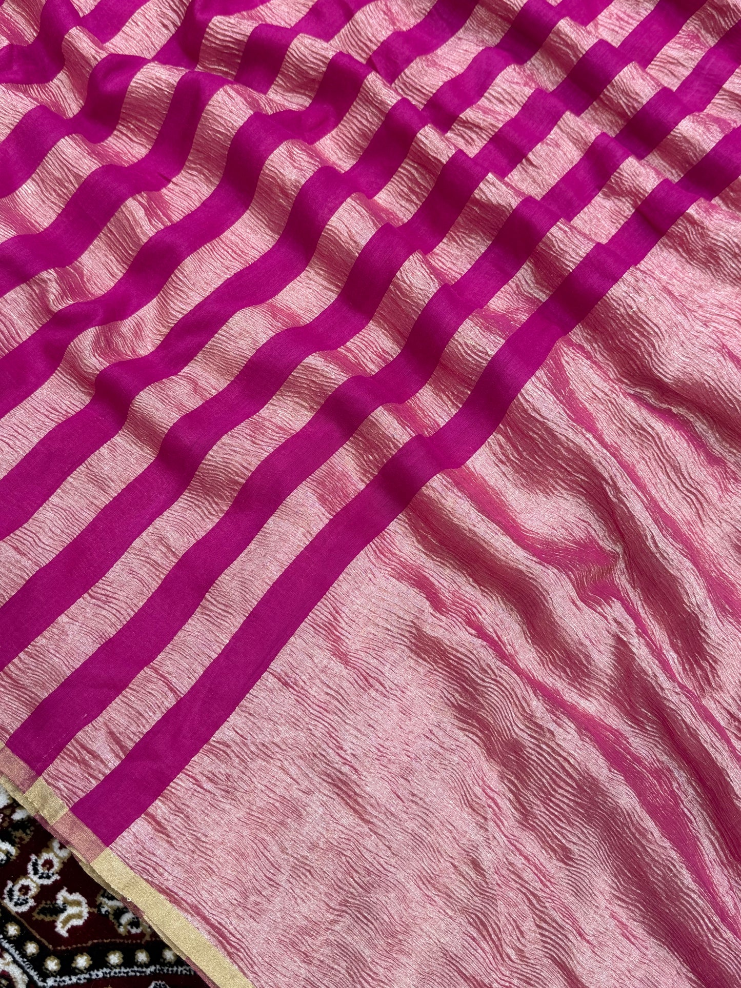 Rani Color Chiniya Tissue  Silk Banarasi Saree with Stripe Design