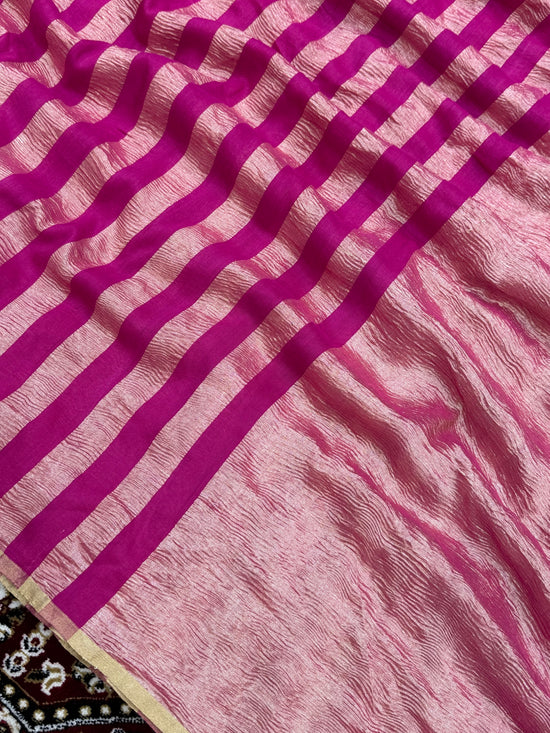 Rani Color Chiniya Tissue  Silk Banarasi Saree with Stripe Design