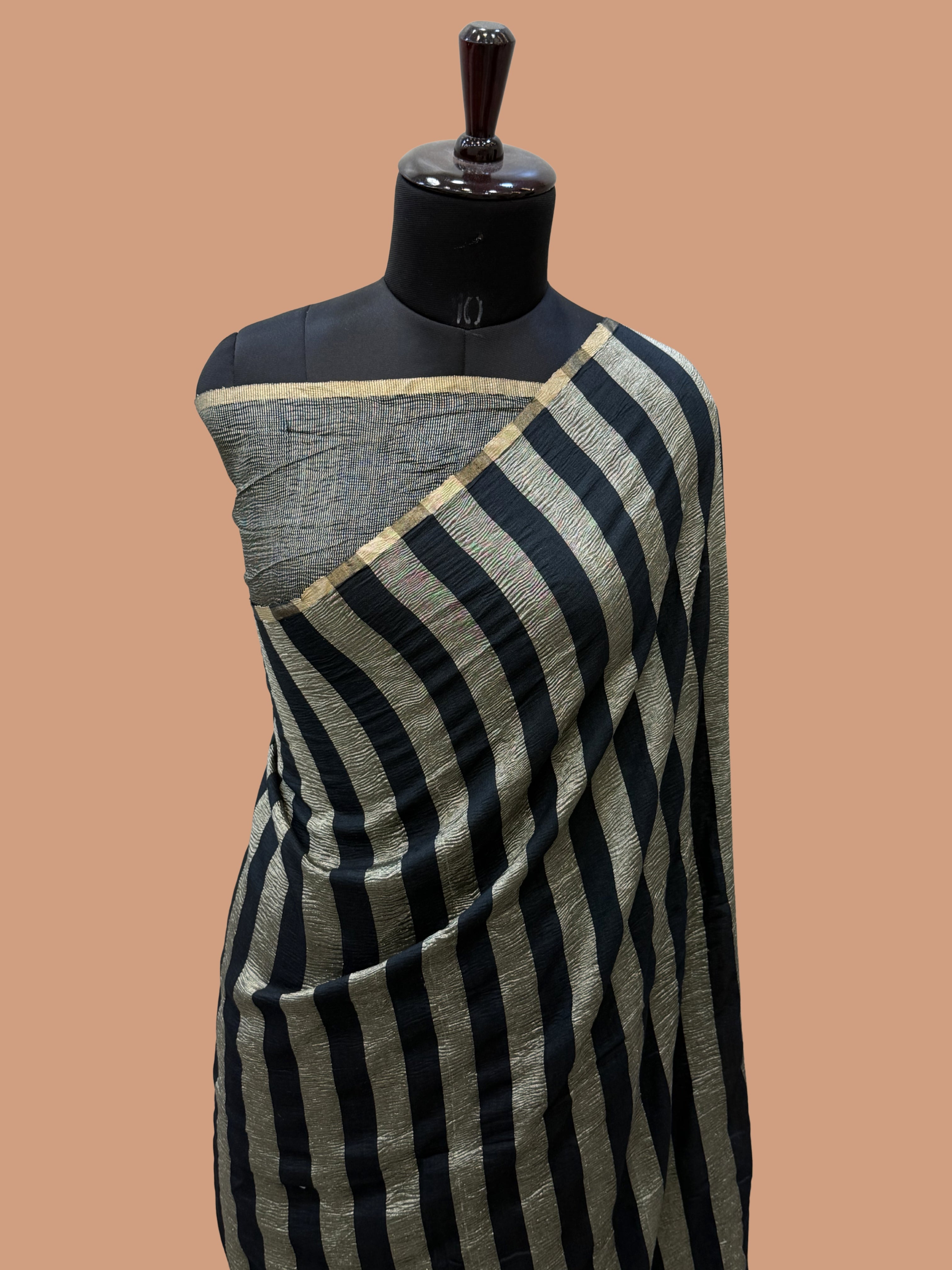 Black Color Chiniya Tissue  Silk Banarasi Saree with Stripe Design