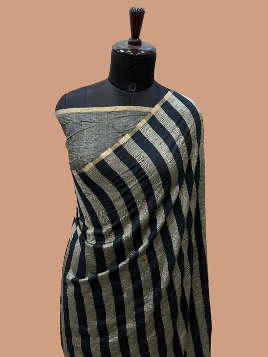 Black Color Chiniya Tissue  Silk Banarasi Saree with Stripe Design