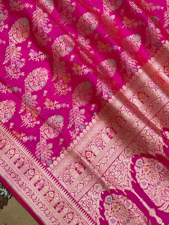 Rani Color Pure Silk Handloom Banarasi Saree - All Over Jaal Work with Meenakari