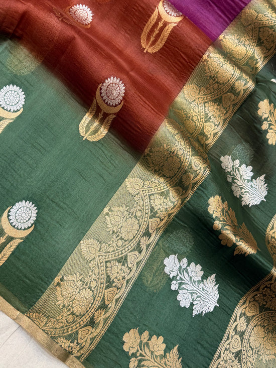 Multi Color Pure Kora Silk Handloom Banarasi Saree - All Over Buta  Work