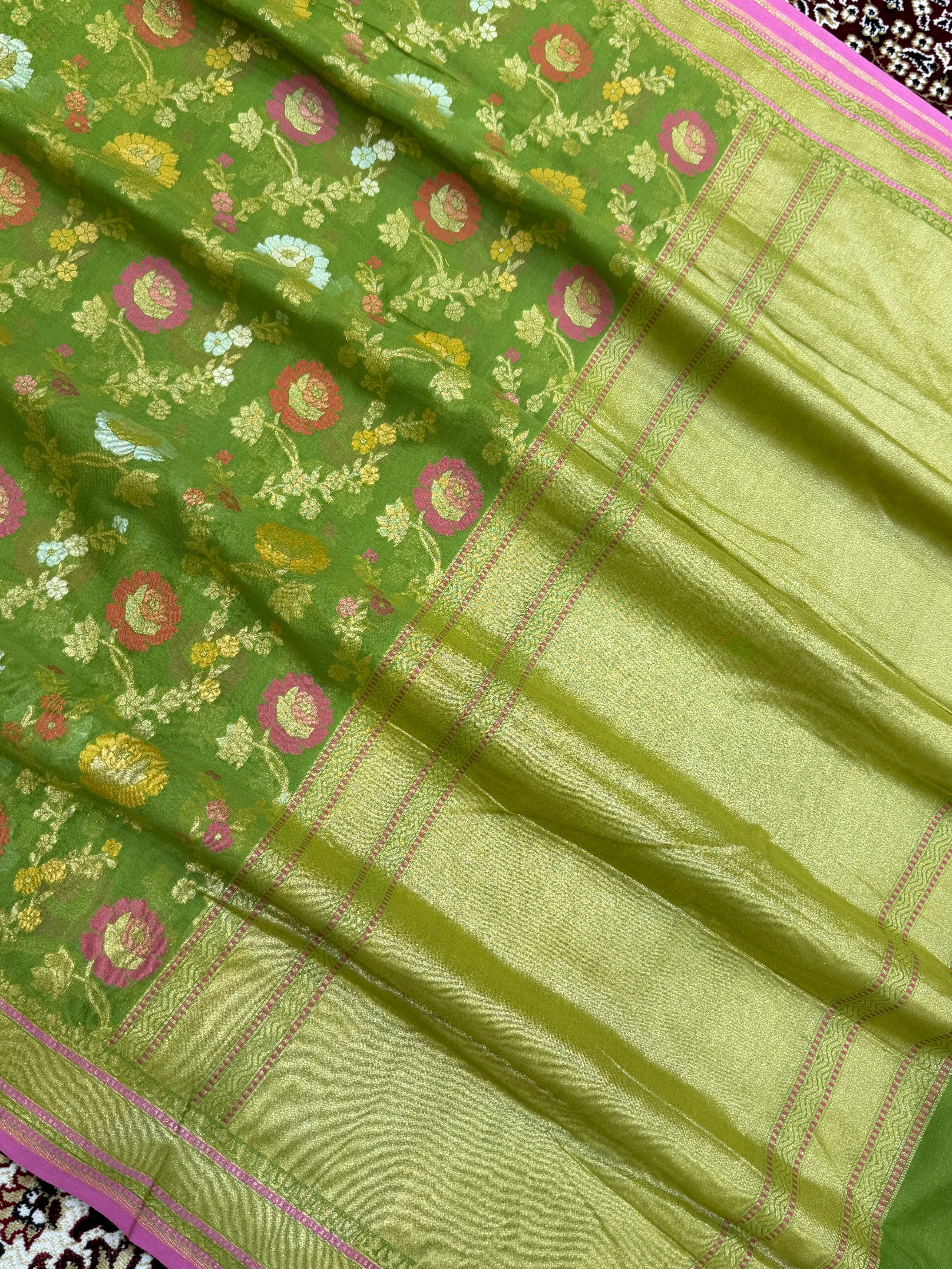 Green Color Cotton Jamdani Banarasi Saree