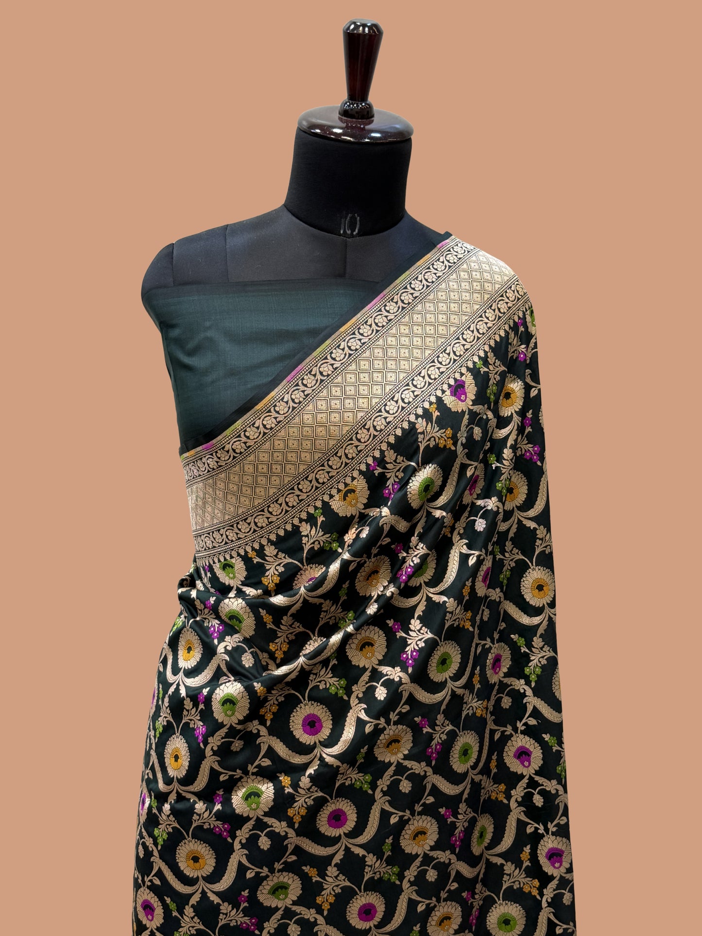 Bottle Green Color Pure Silk handloom Banarasi Saree - All Over Jaal Work with Meenakari
