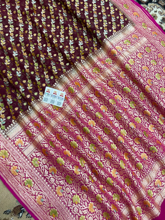 Wine Color Khaddi Georgette Banarasi Saree - All Over Jaal Work with Meenakari