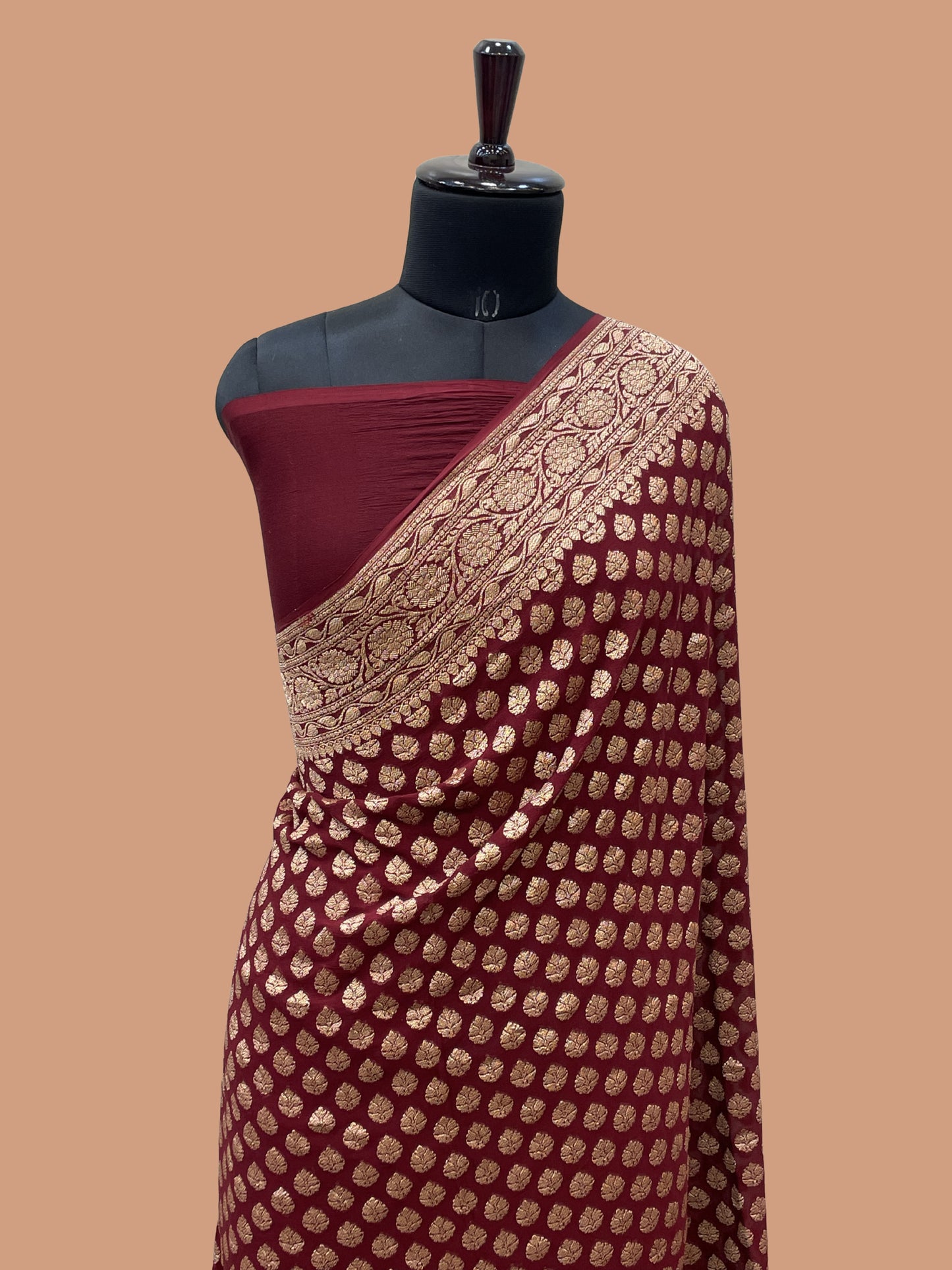 Wine Color Khaddi Georgette Banarasi Saree - All over Antique Zari Buti