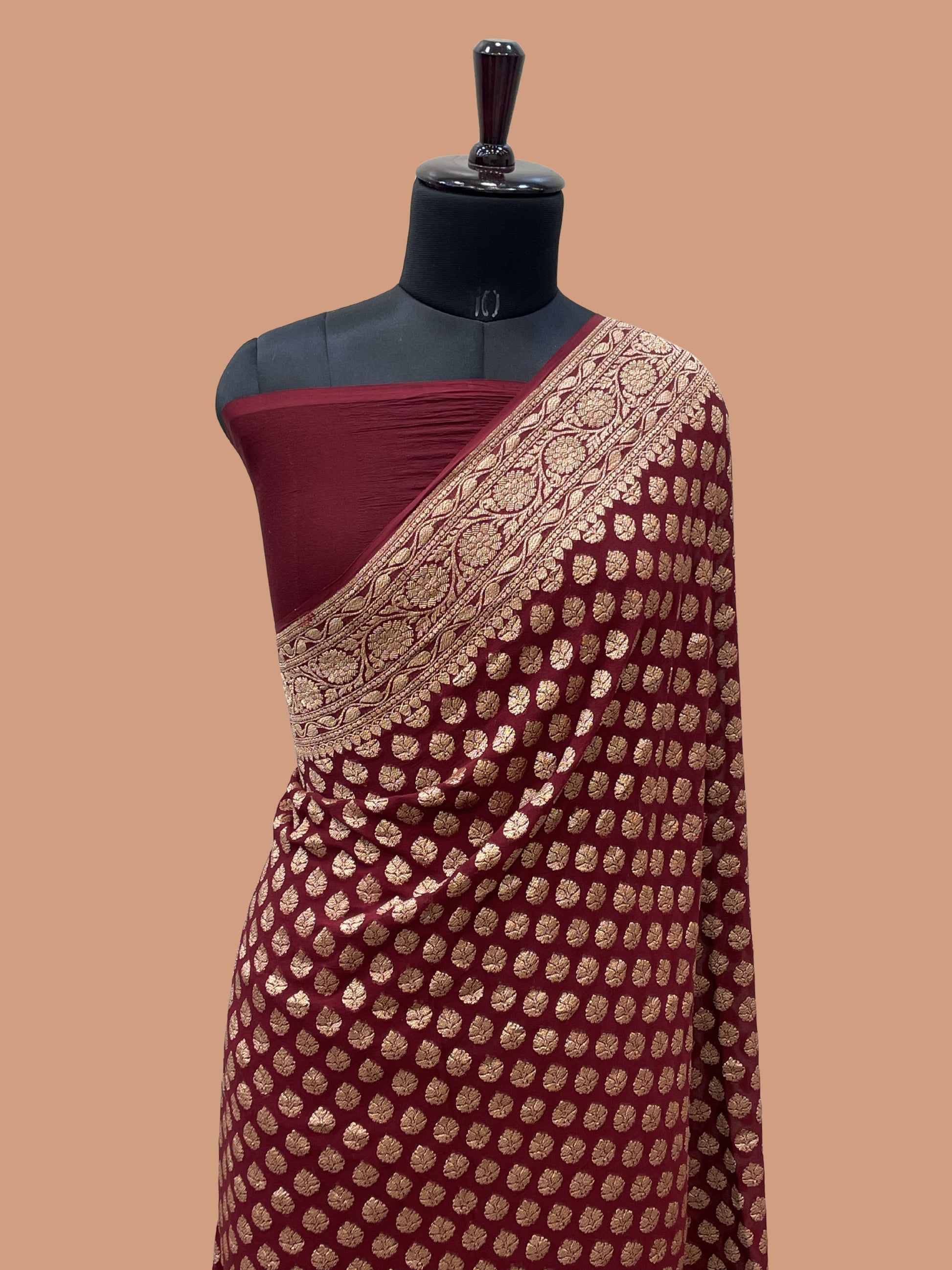 Wine Color Khaddi Georgette Banarasi Saree - All over Antique Zari Buti
