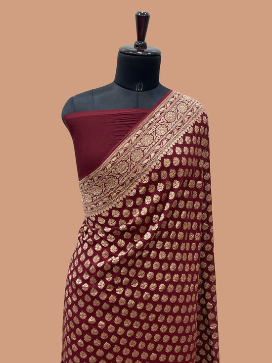 Wine Color Khaddi Georgette Banarasi Saree - All over Antique Zari Buti