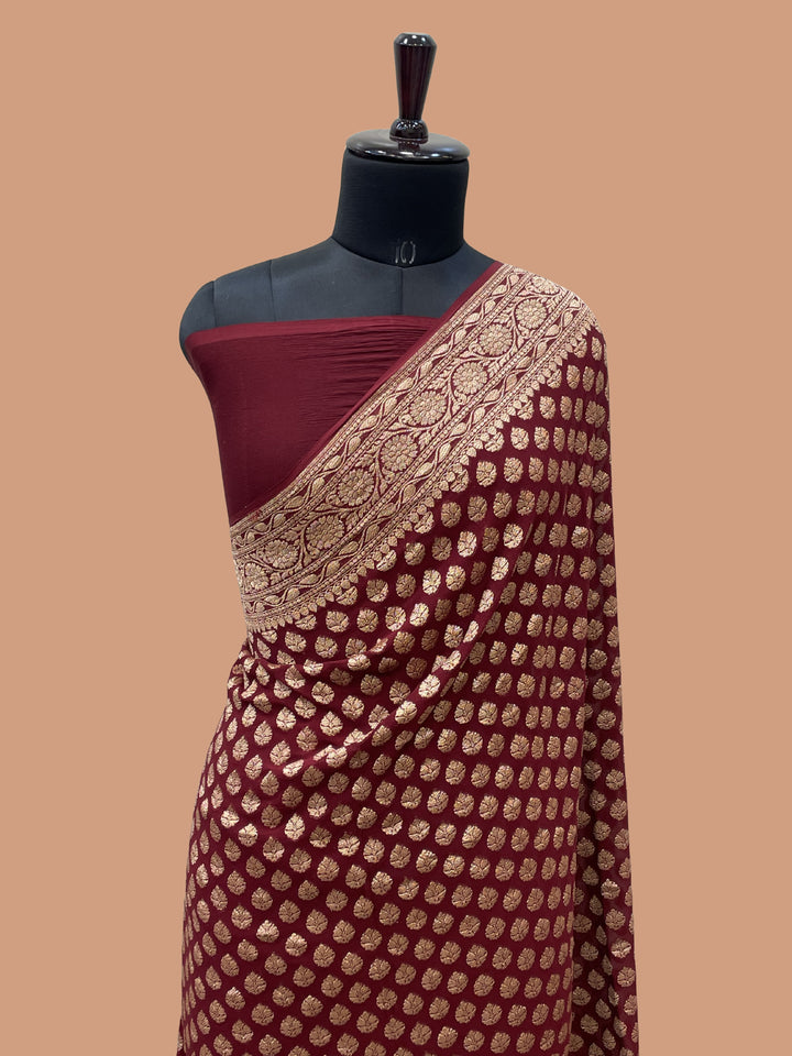 Wine Color Khaddi Georgette Banarasi Saree - All over Antique Zari Buti