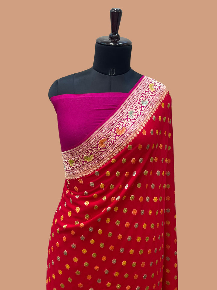 Red Color Khaddi Georgette Banarasi Saree - All Over Buti Work with Meenakari