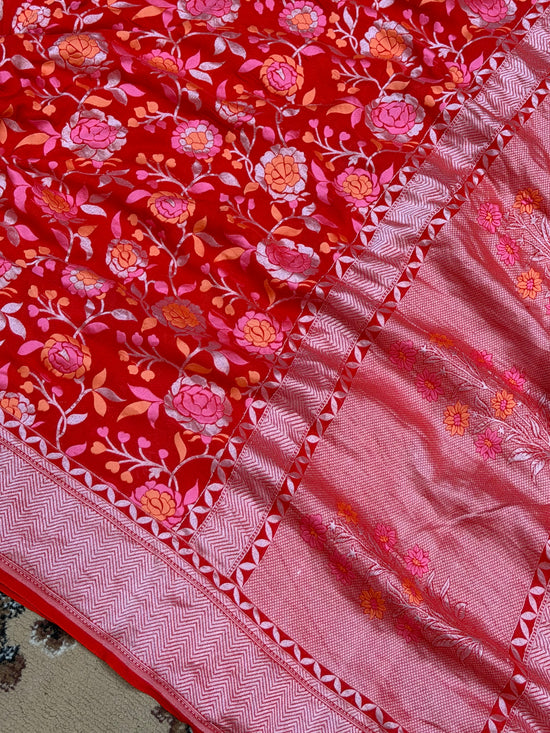 Orange Color Khaddi Georgette Banarasi Saree - All over jaal Work with Tilfi Meenakri