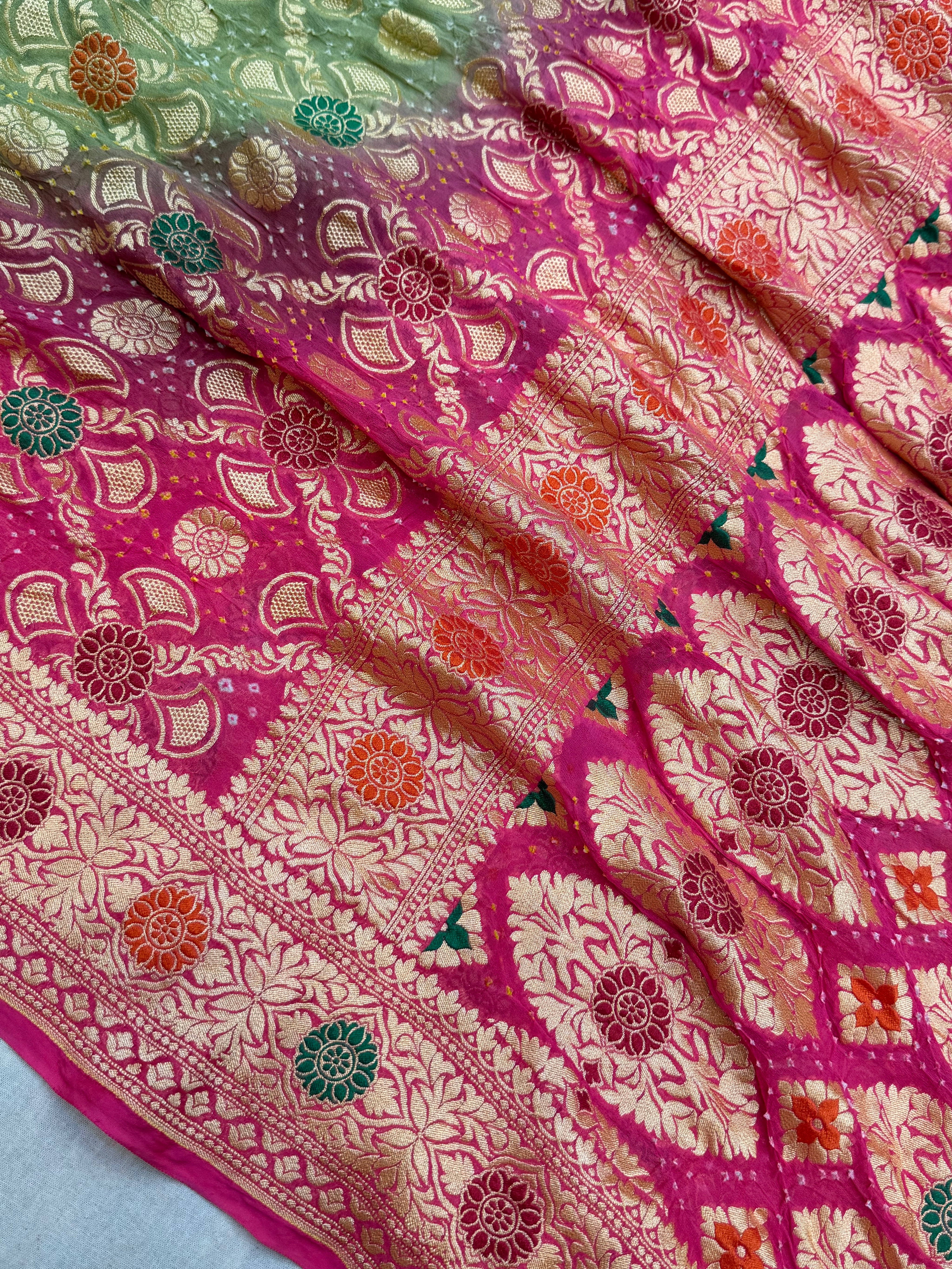 Pure Georgette Banarasi Bandhej Handloom Saree - Meenakari
