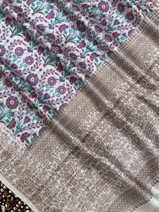 White Color Pure Raw Silk Handloom Banarasi Saree with Digital Print