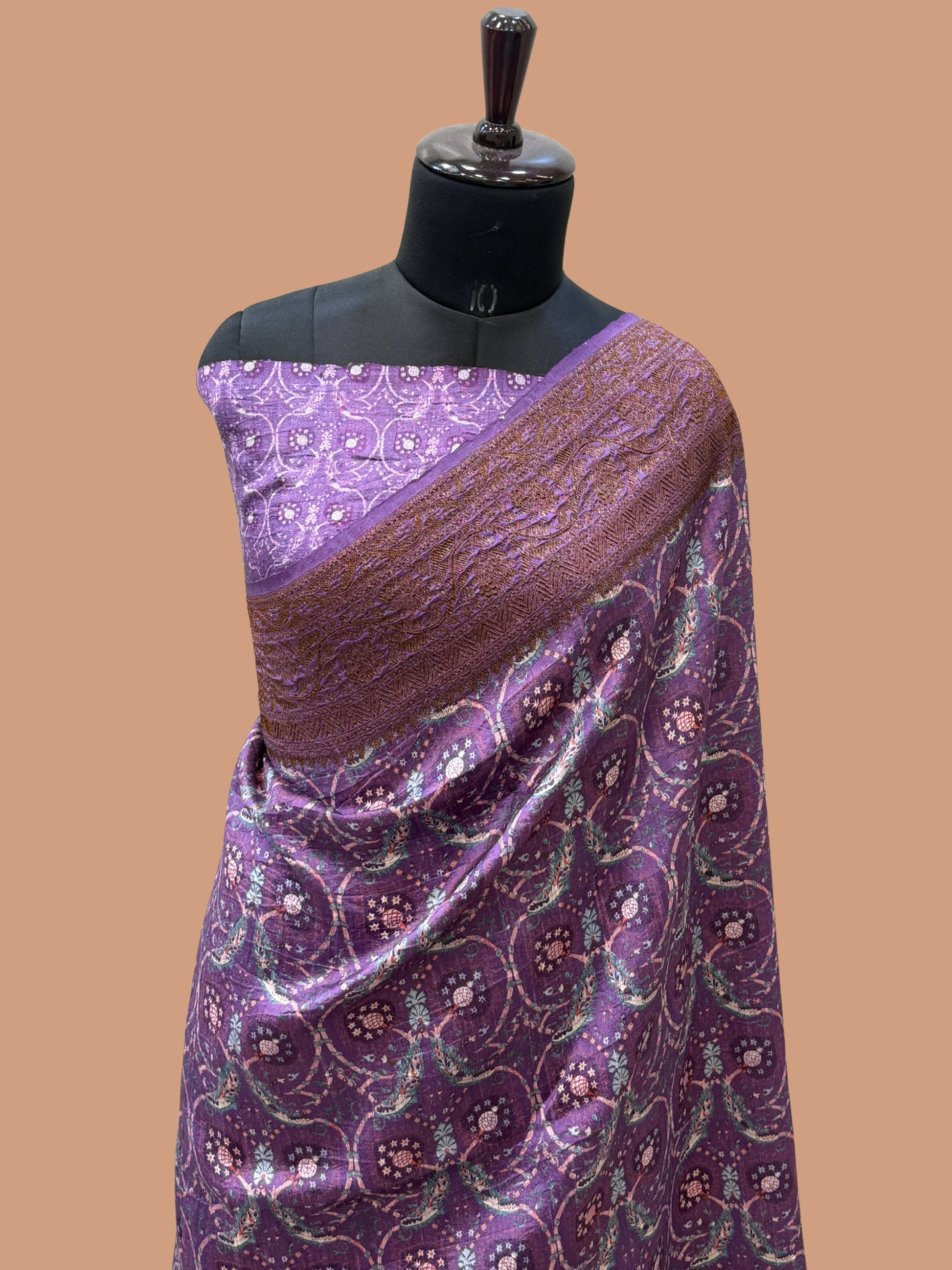 Dark Lovendor Color Pure Raw Silk Handloom Banarasi Saree with Digital Print
