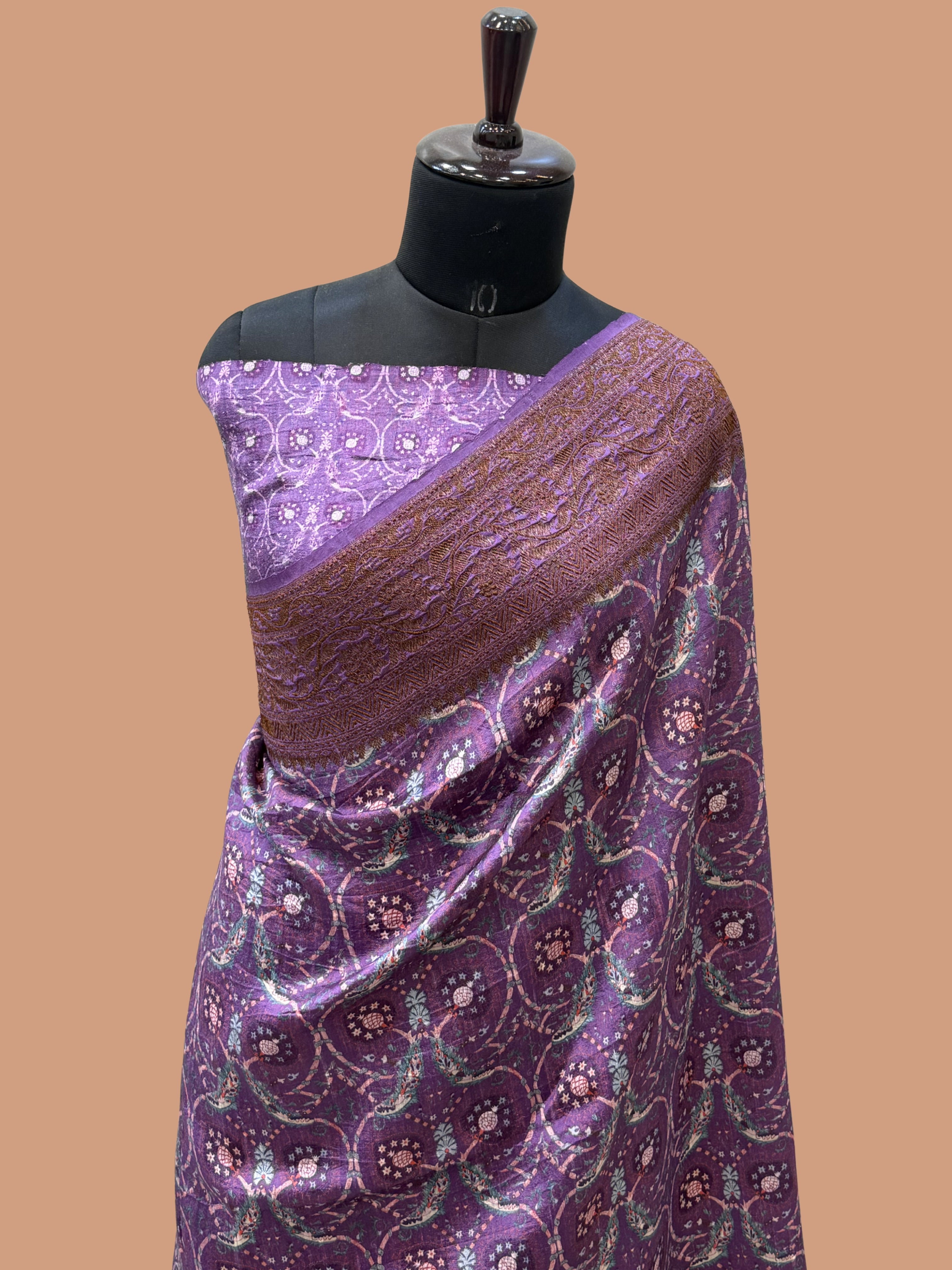 Dark Lovendor Color Pure Raw Silk Handloom Banarasi Saree with Digital Print