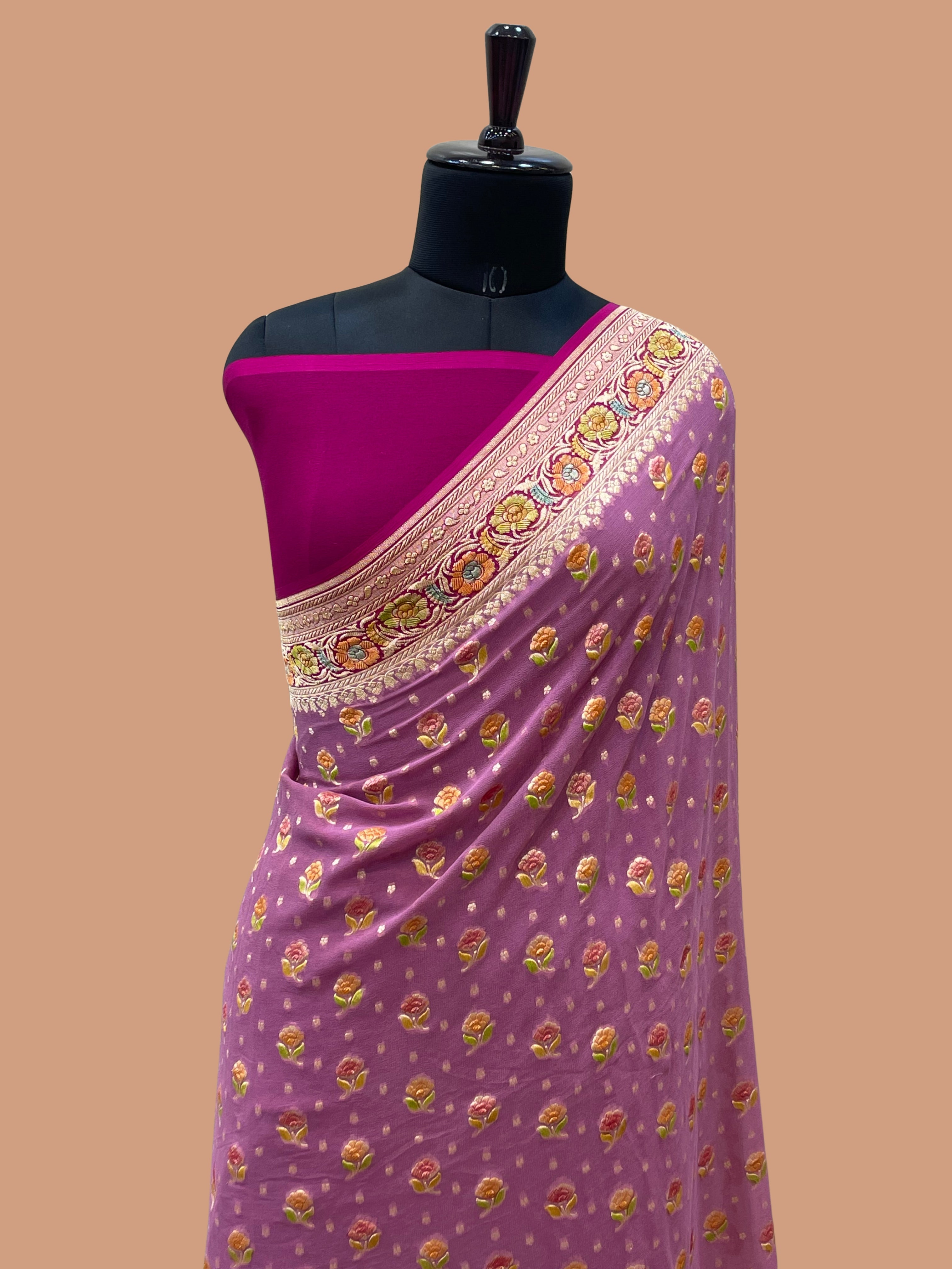 dusty Pink Khaddi Georgette Banarasi Saree - All Over Jaal Work with Meenakari