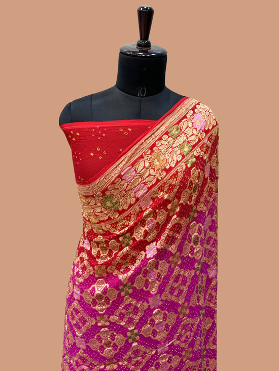 Pure Georgette Banarasi Bandhej Handloom Saree - Meenakari