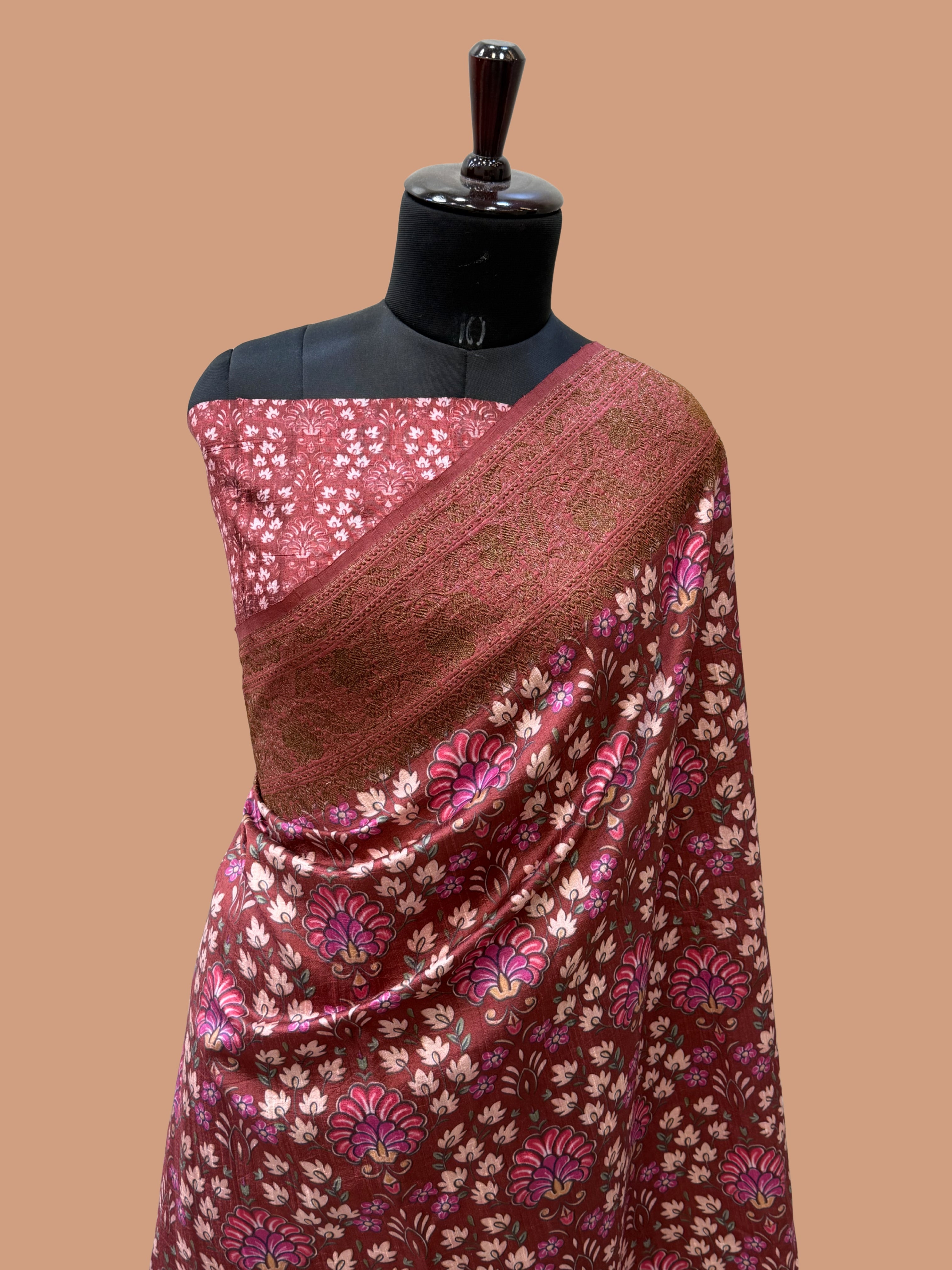 Dark Pink Pure Raw Silk Handloom Banarasi Saree with Digital Print