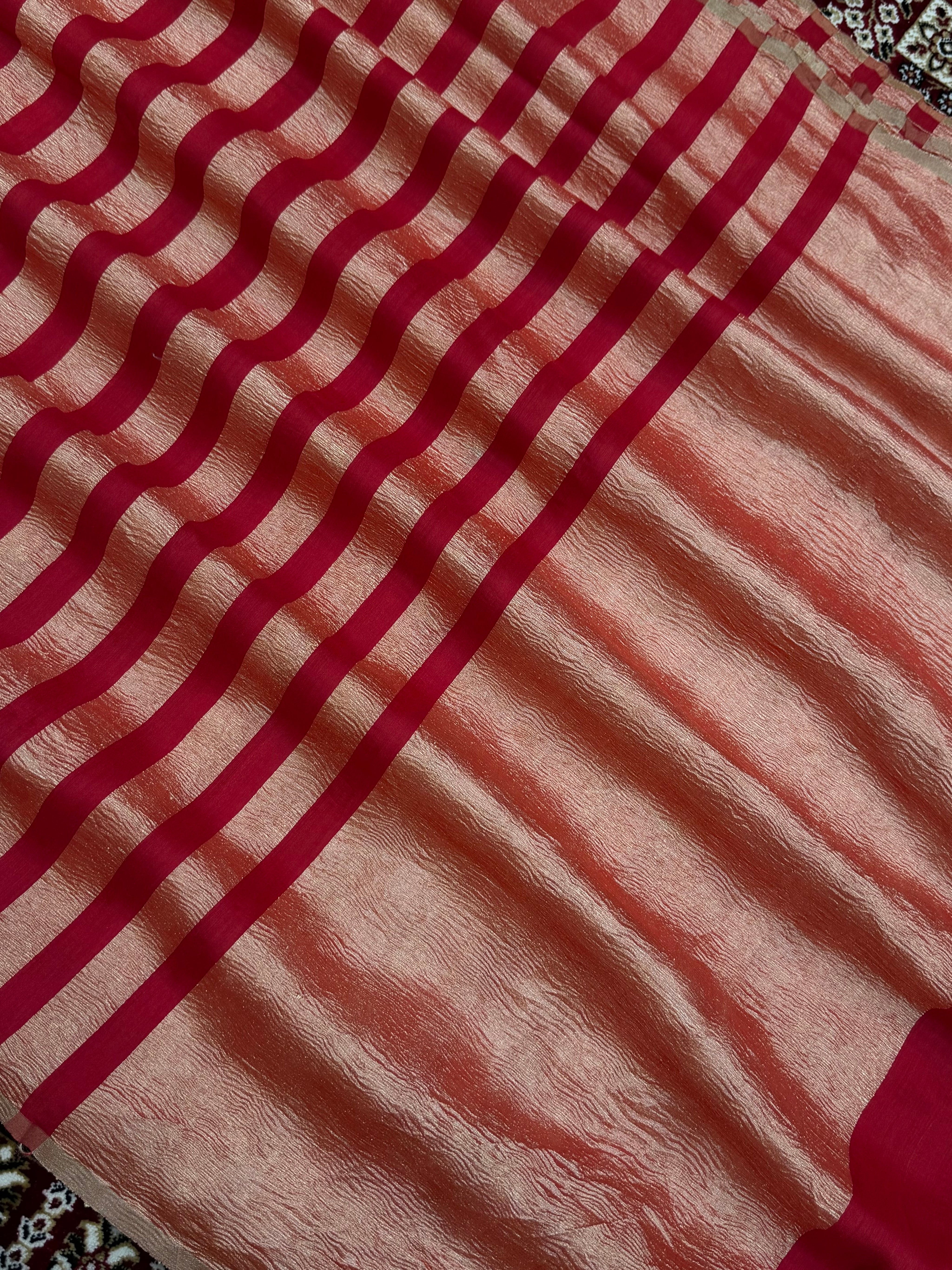 Red Color Chiniya Tissue  Silk Banarasi Saree with Stripe Design