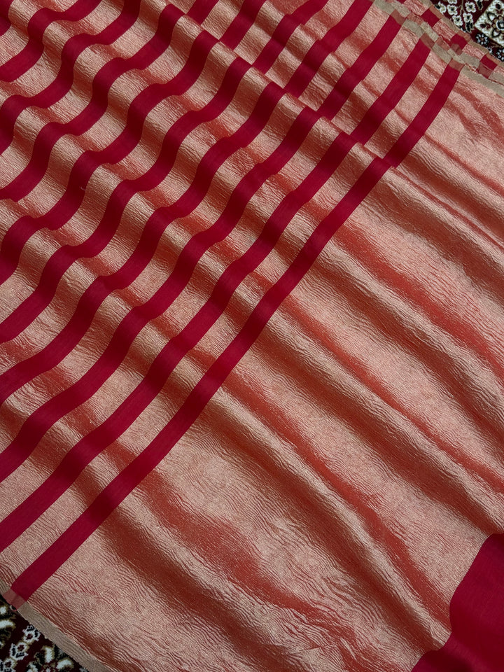 Red Color Chiniya Tissue  Silk Banarasi Saree with Stripe Design
