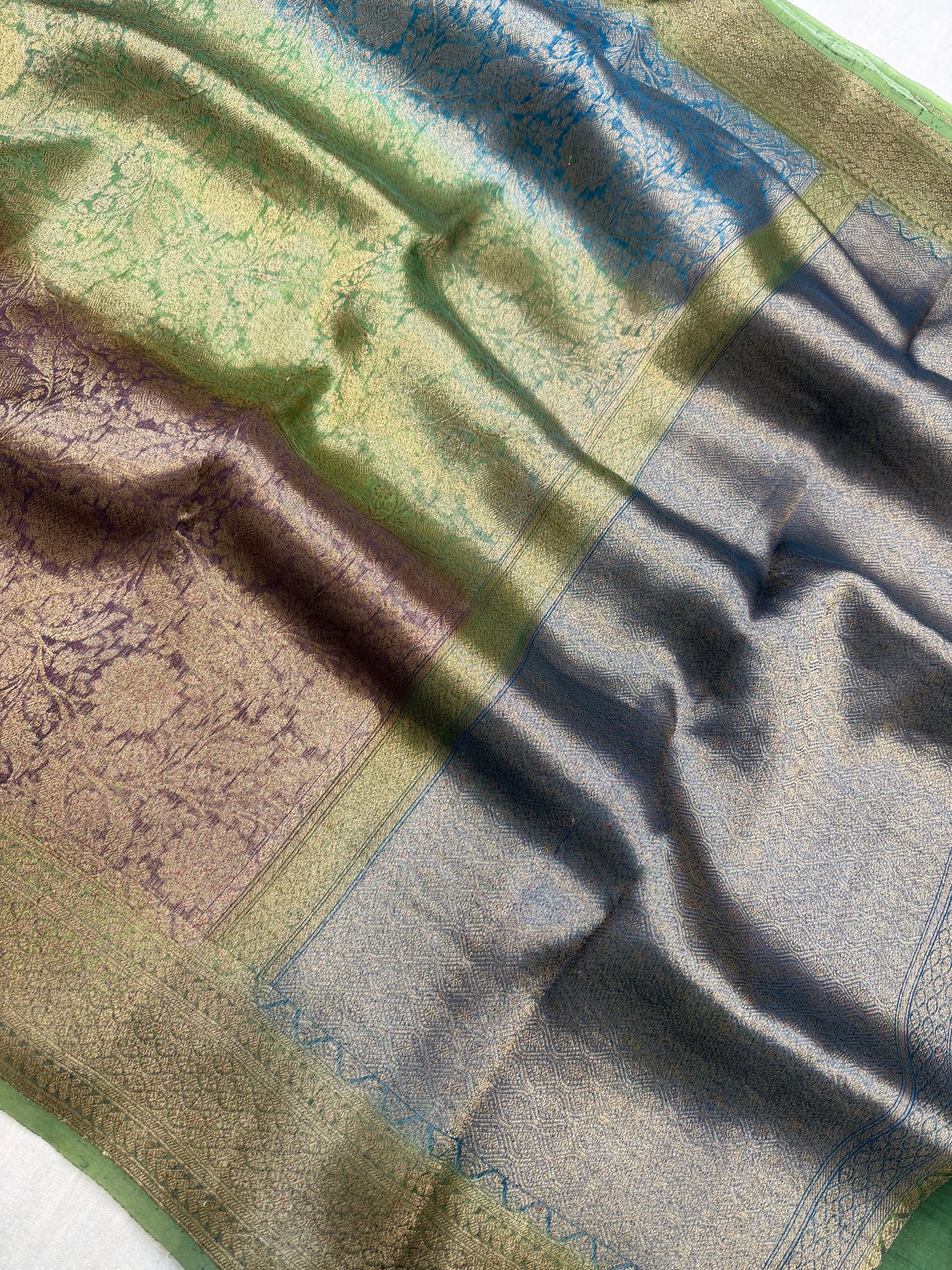 Dual Color Pure Kora Silk Handloom Banarasi Saree - All Over Brocade Jaal Work